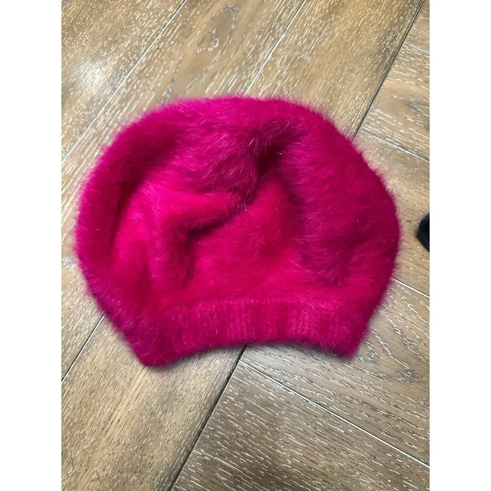 LOT x 2 Winter Hats Magenta Jeweled Bow Beret Cap & Navy Bucket Snowflake